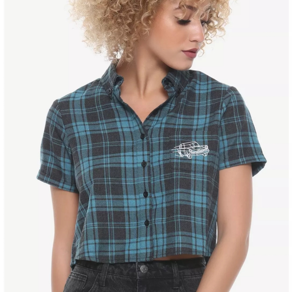 Juniors Harry Potter Forbidden Forest Short Sleeve Crop Button Up Size XL Plaid